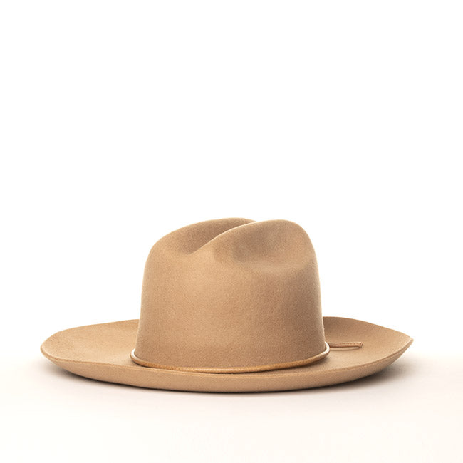 Austin tan wool hat with classic cattleman crease and structured brim, artisan-crafted for a modern western look by Per Lei New York.