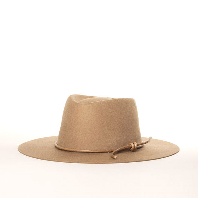 Cassidy tan wool fedora with clean teardrop crown and narrow brim by Per Lei New York.