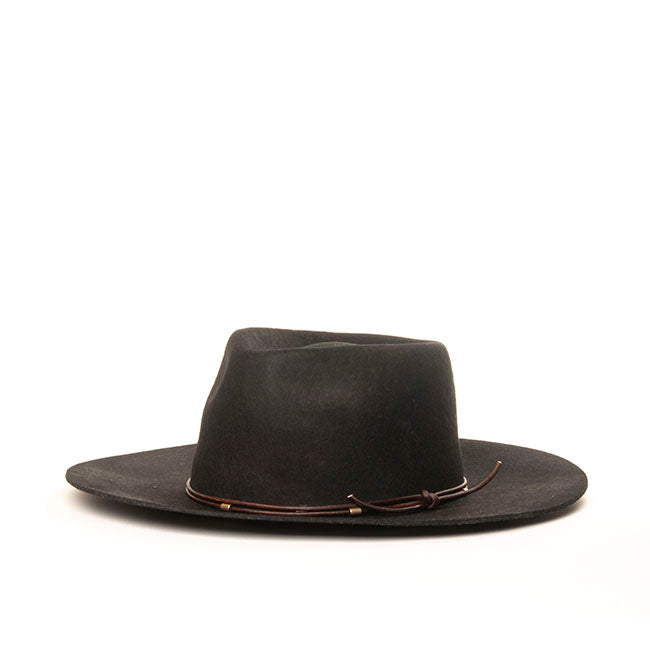 Lennox black wool fedora hat with leather cord detail by Per Lei New York.