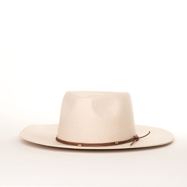 Lennox beige wool fedora hat with leather cord detail by Per Lei New York.