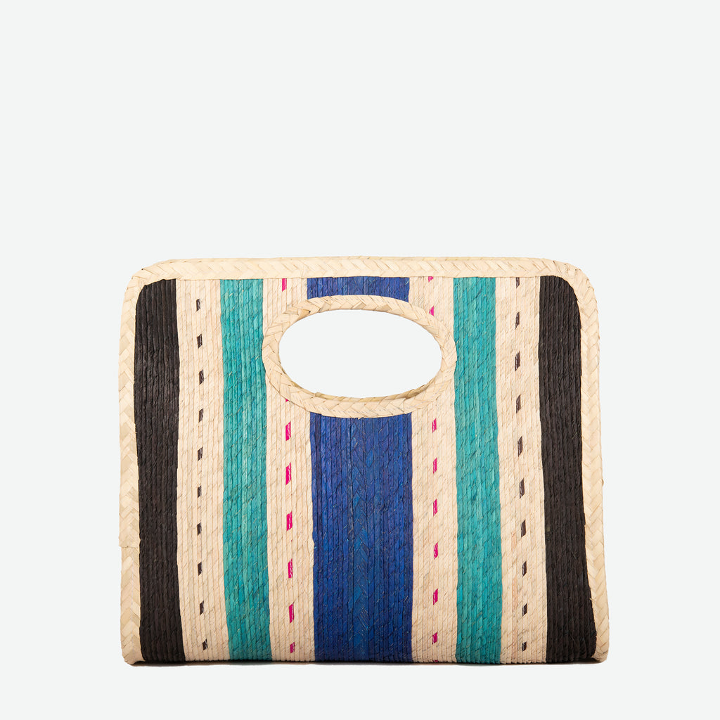 A square straw beach tote with vertical blue, black and turquoise stripes - image 1