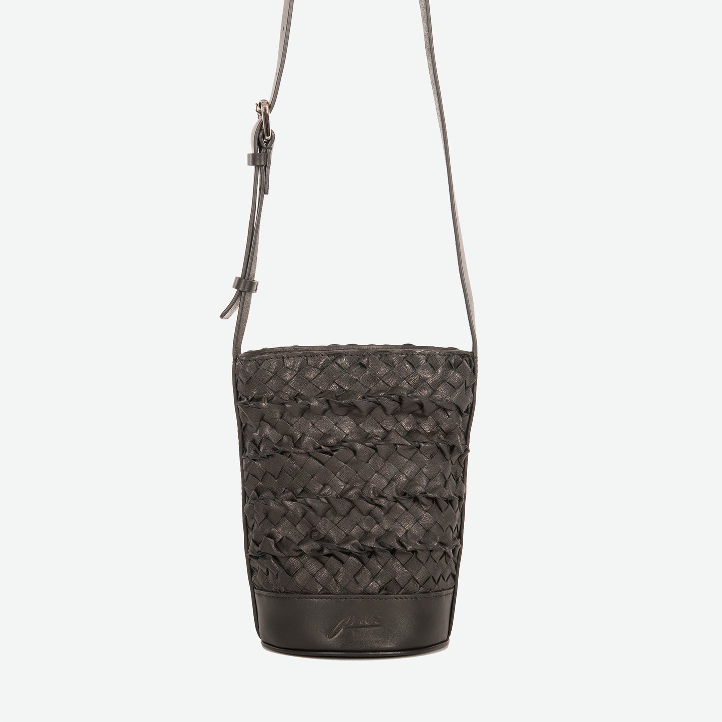 A mini small black woven leather bucket bag  with an adjustable crossbody strap - image 4