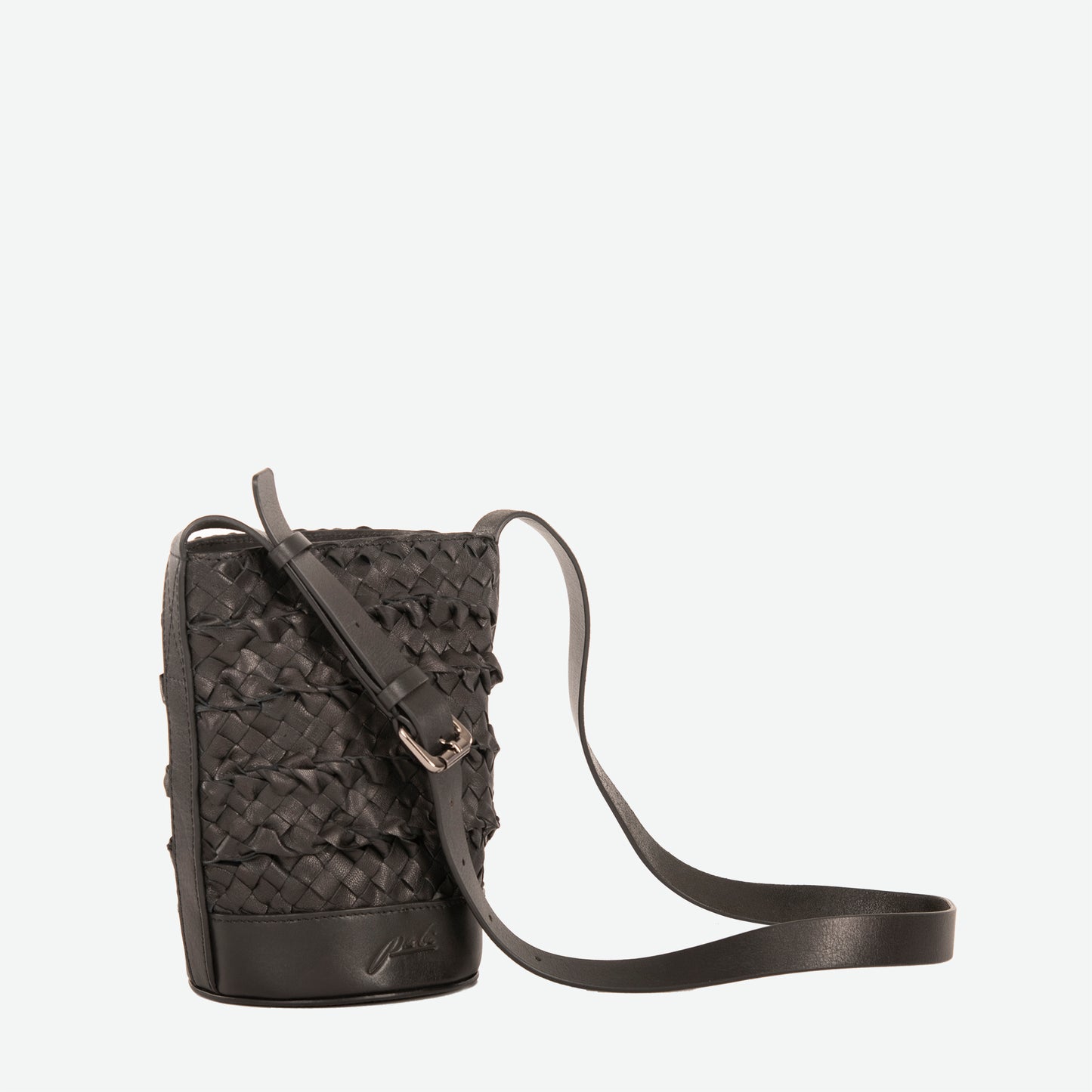 A mini small black woven leather bucket bag  with an adjustable crossbody strap - image 6