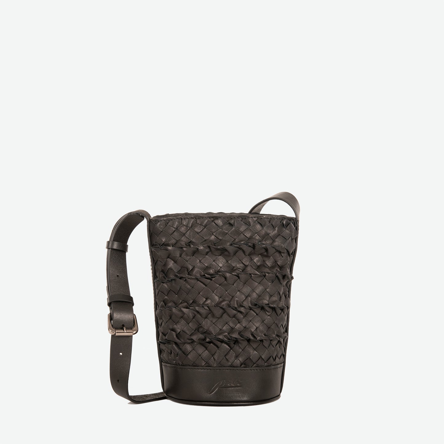 Mini black woven leather crossbody bucket with compact shape and adjustable leather strap.