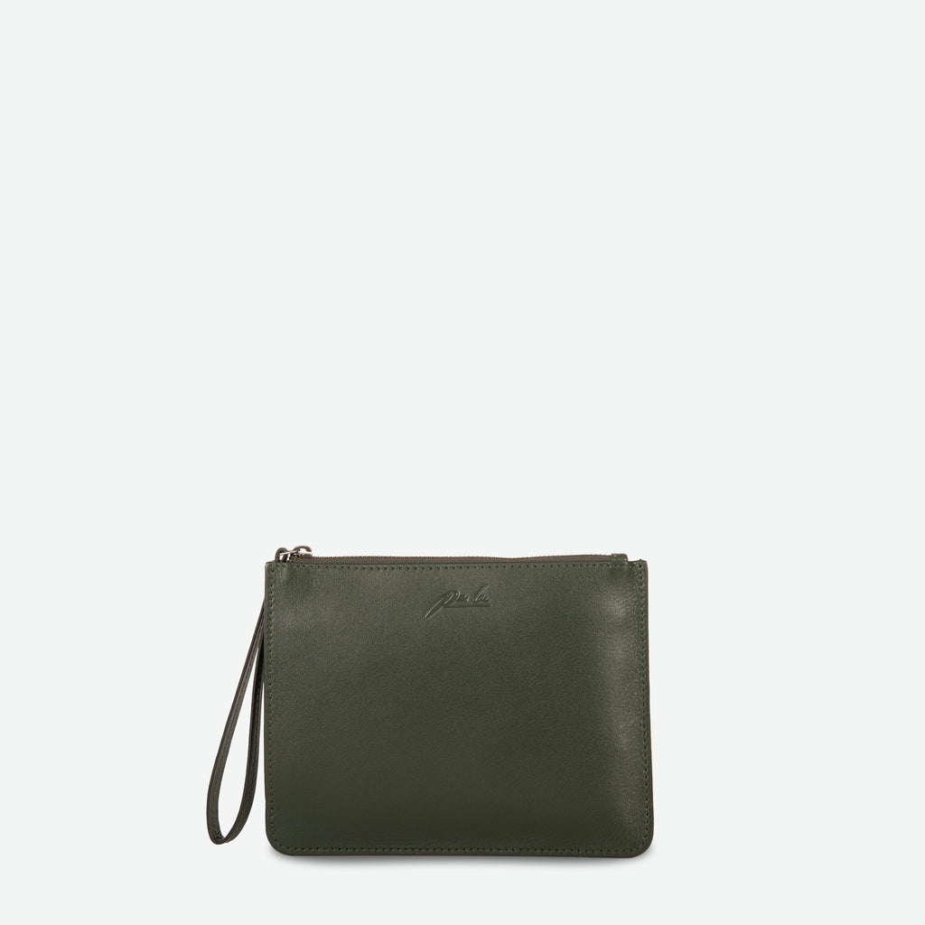 A pine green rectangular  zip up pouch clutch with leather wristlet - image 1