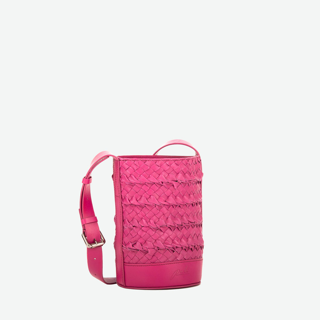 A mini small orchid pink woven leather bucket bag  with an adjustable crossbody strap - image 3
