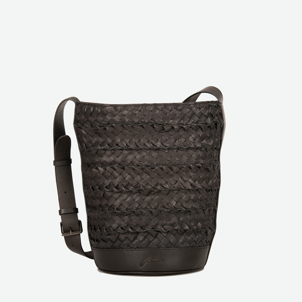 Black woven leather bucket bag  with an adjustable shoulder strap - image 1