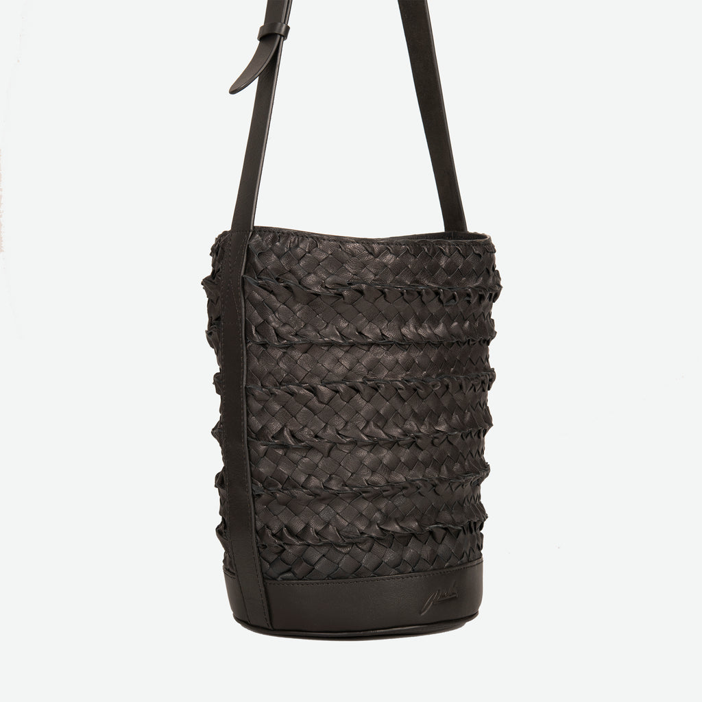 Black woven leather bucket bag  with an adjustable shoulder strap - image 2