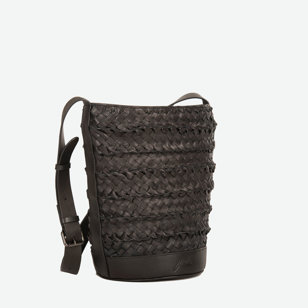 Black woven leather bucket bag  with an adjustable shoulder strap - image 3