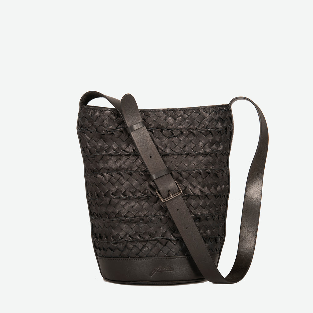 Black woven leather bucket bag  with an adjustable shoulder strap - image 4