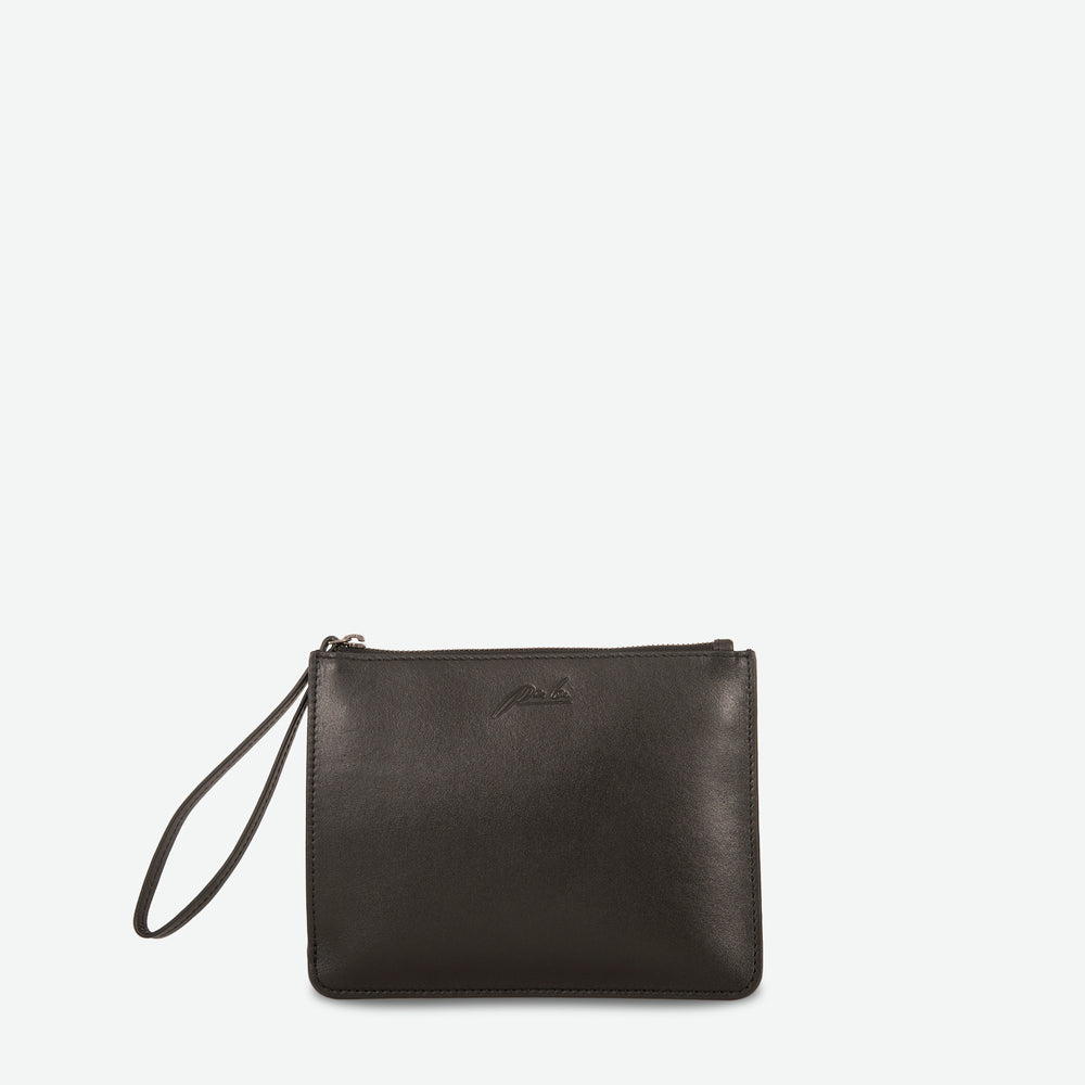 
                  
                    Rectangular black zip up pouch clutch with leather wristlet - image 1
                  
                