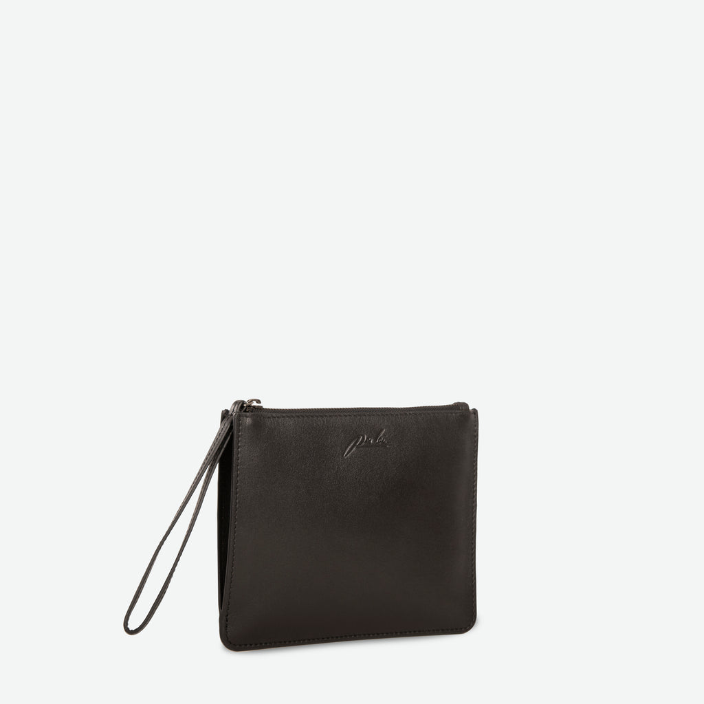 Rectangular black zip up pouch clutch with leather wristlet - image 2