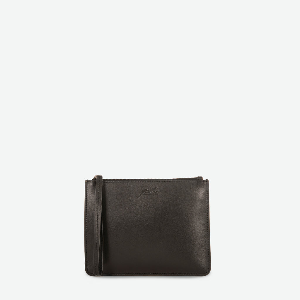Rectangular black zip up pouch clutch with leather wristlet - image 3