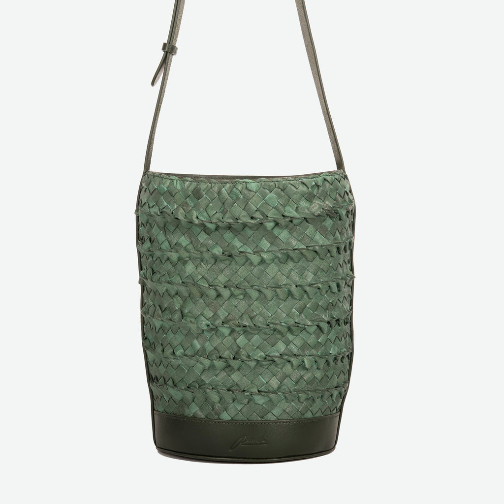 A pine green woven leather bucket bag  with an adjustable shoulder strap - image 3