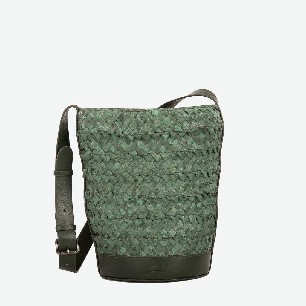  A pine green woven leather bucket bag  with an adjustable shoulder strap - image 4