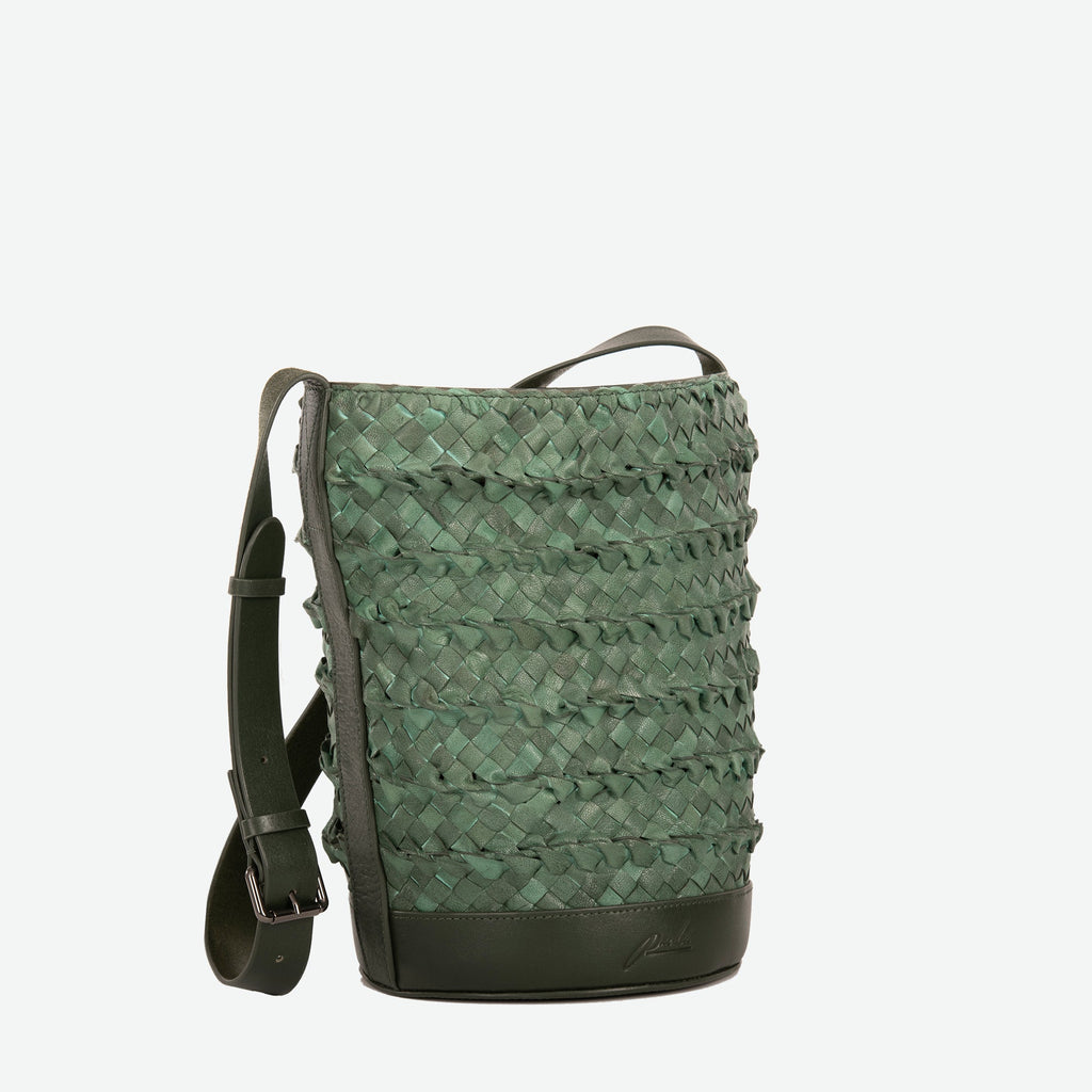 A pine green woven leather bucket bag  with an adjustable shoulder strap - image 5