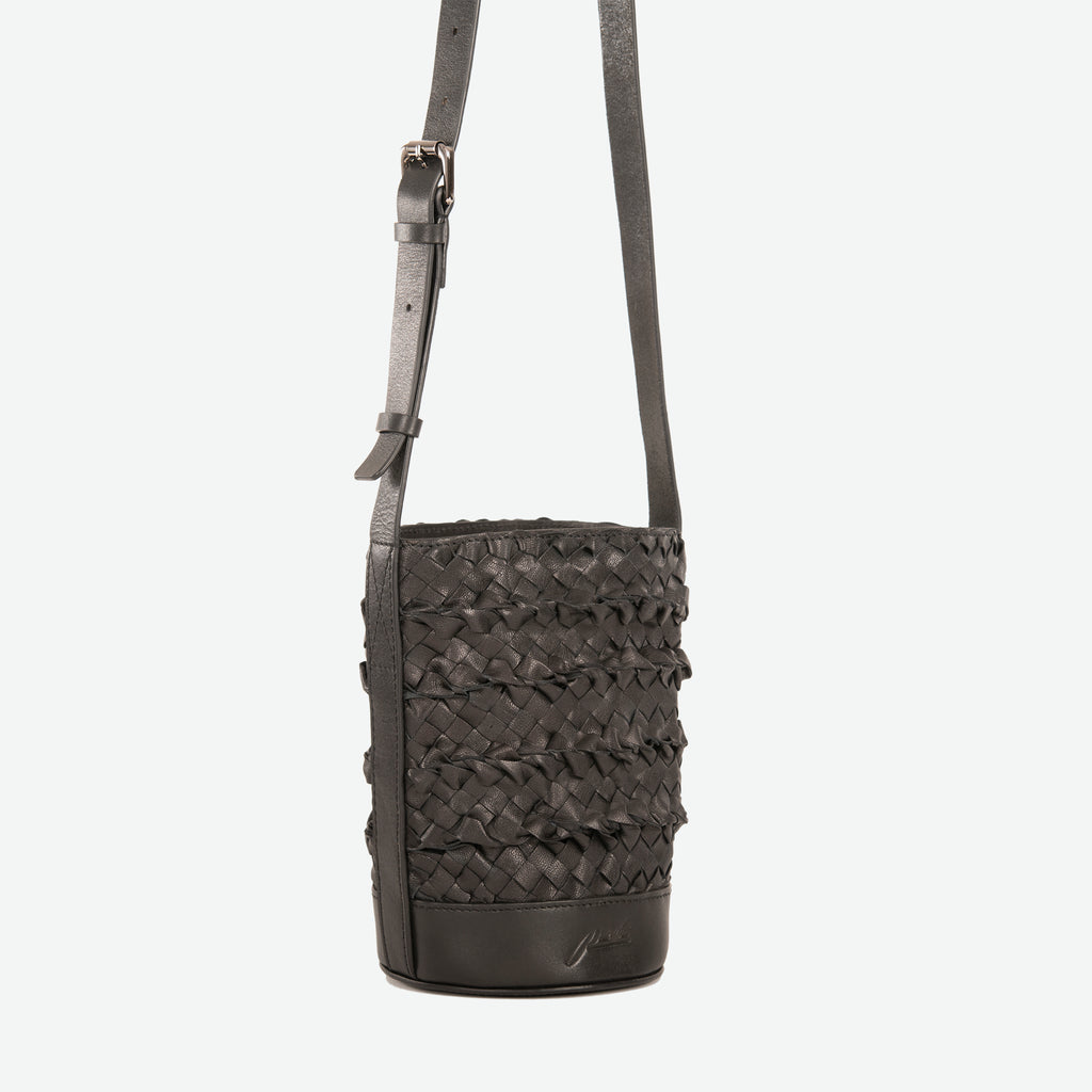 A mini small black woven leather bucket bag  with an adjustable crossbody strap - image 2