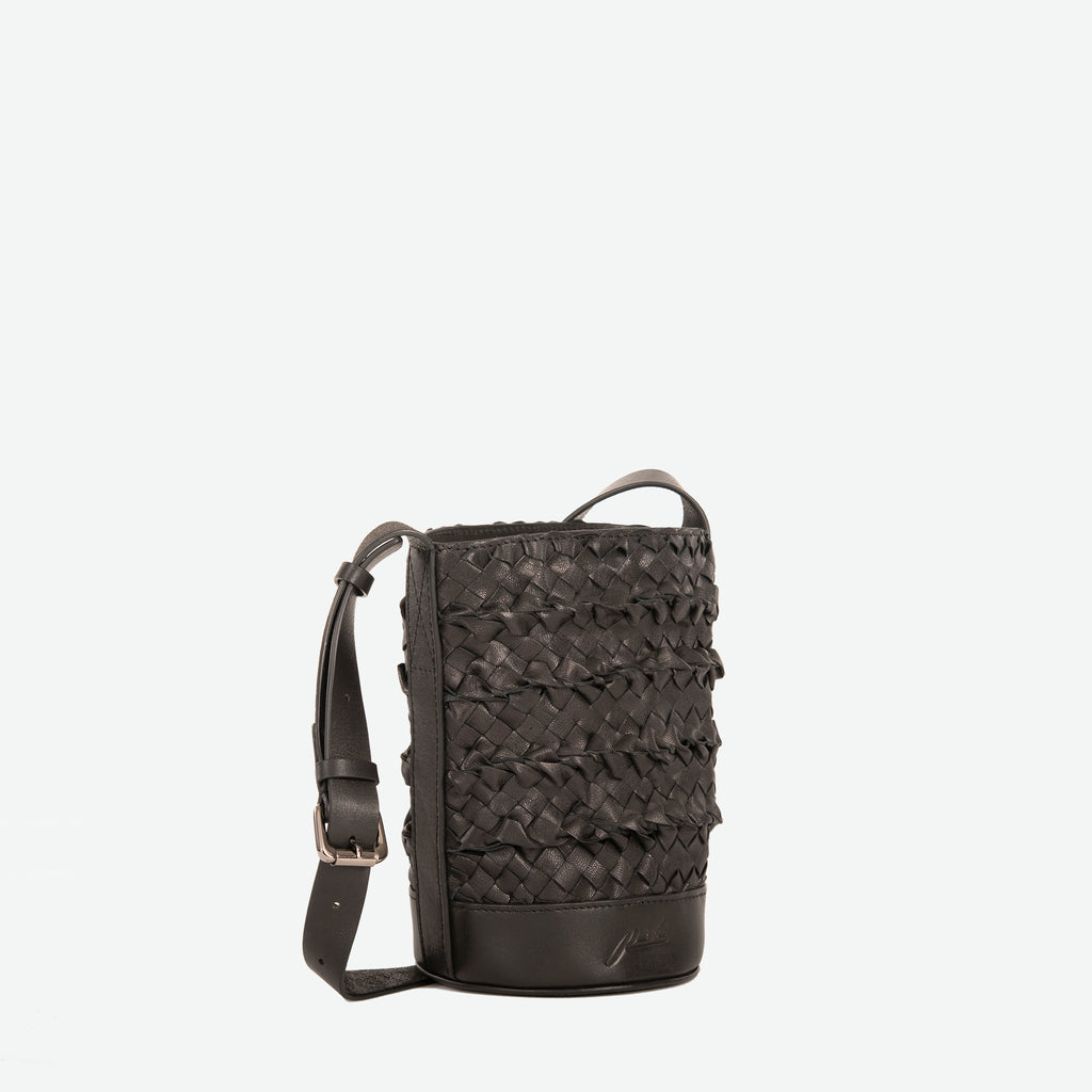 A mini small black woven leather bucket bag  with an adjustable crossbody strap - image 3