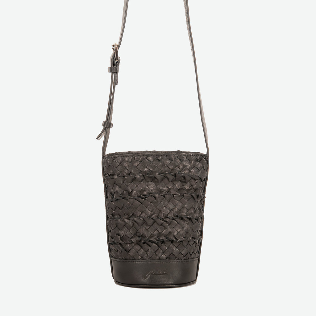 A mini small black woven leather bucket bag  with an adjustable crossbody strap - image 4