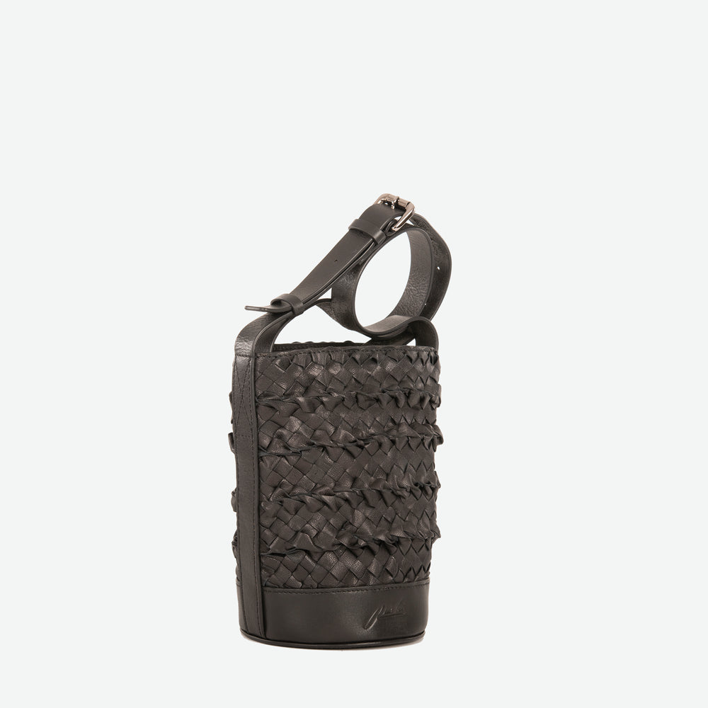 
                  
                    A mini small black woven leather bucket bag  with an adjustable crossbody strap - image 5
                  
                