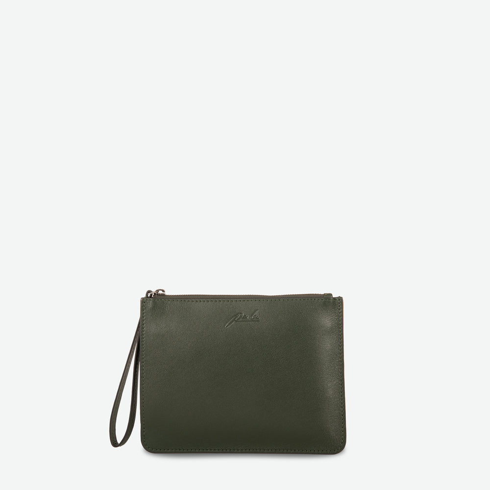 
                  
                    A pine green rectangular  zip up pouch clutch with leather wristlet - image 1
                  
                