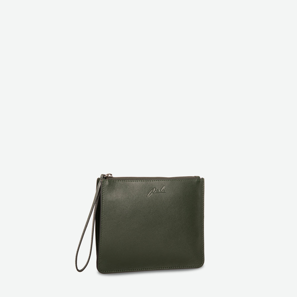 
                  
                    A pine green rectangular  zip up pouch clutch with leather wristlet - image 2
                  
                