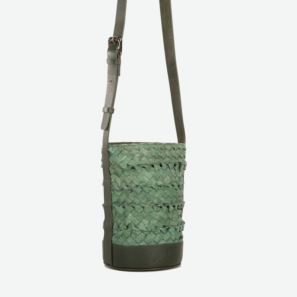 A mini small pine green woven leather bucket bag  with an adjustable crossbody strap - image 2