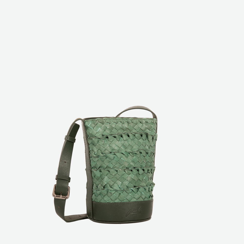 
                  
                    A mini small pine green woven leather bucket bag  with an adjustable crossbody strap - image 3
                  
                
