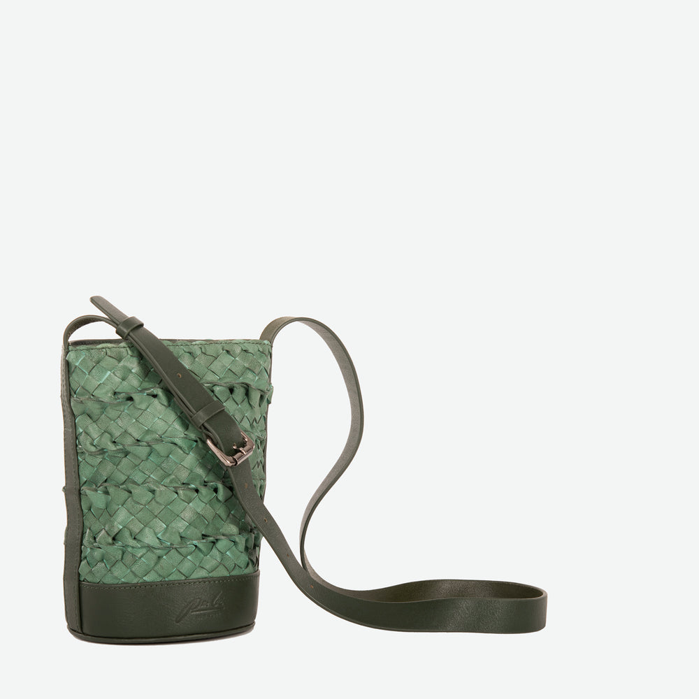 
                  
                    A mini small pine green woven leather bucket bag  with an adjustable crossbody strap - image 5
                  
                