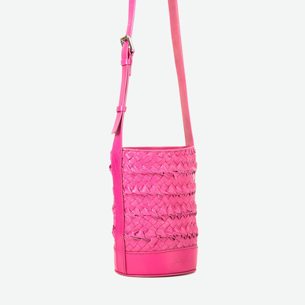 A mini small orchid pink woven leather bucket bag  with an adjustable crossbody strap - image 2