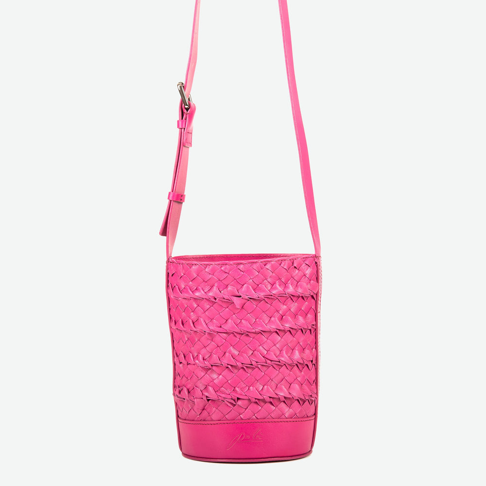 
                  
                    A mini small orchid pink woven leather bucket bag  with an adjustable crossbody strap - image 4
                  
                