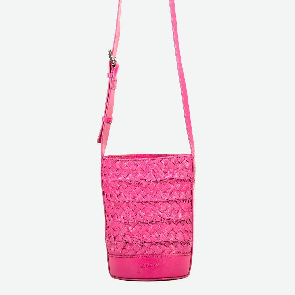 A mini small orchid pink woven leather bucket bag  with an adjustable crossbody strap - image 4