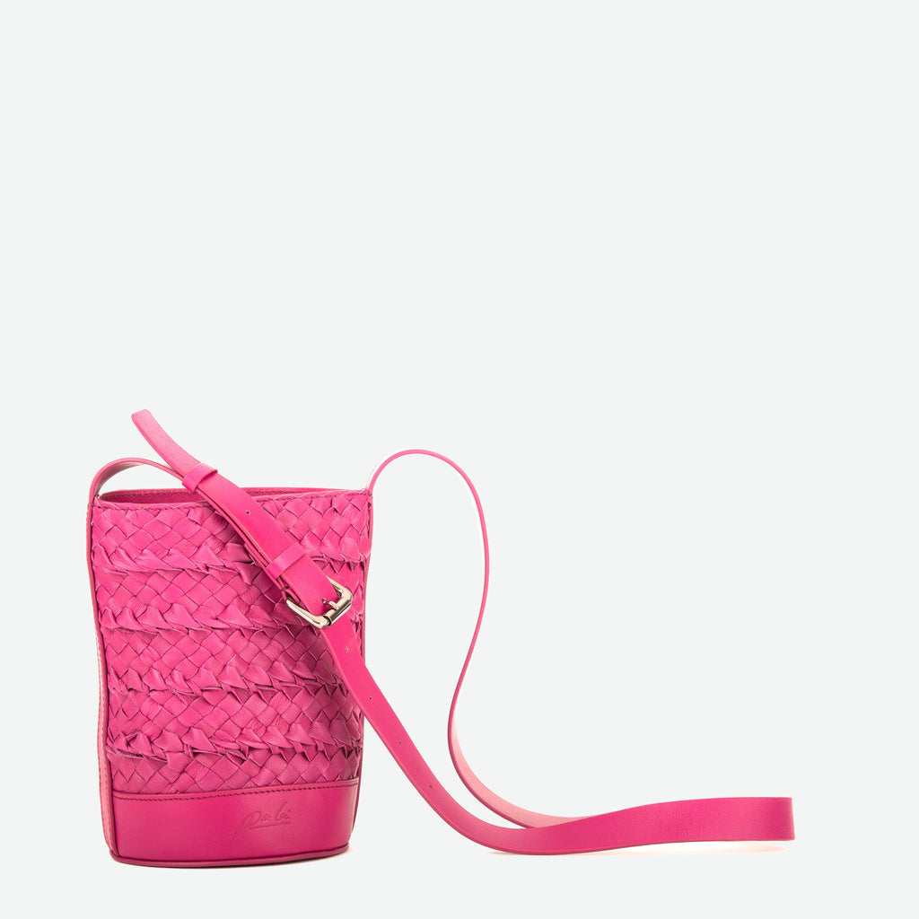 A mini small orchid pink woven leather bucket bag  with an adjustable crossbody strap - image 5