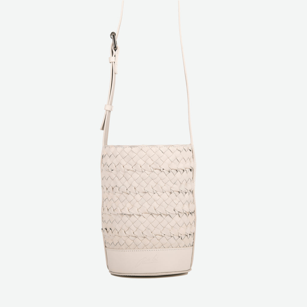 A mini small stone white woven leather bucket bag  with an adjustable crossbody strap - image 4