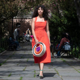 Round Straw Beach Tote in Red