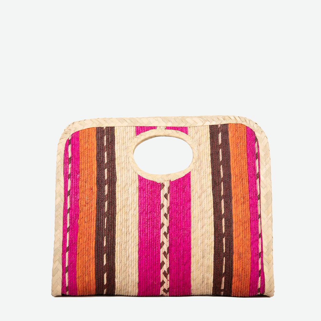 A square straw beach tote with vertical orange, brown and pink stripes - image 1